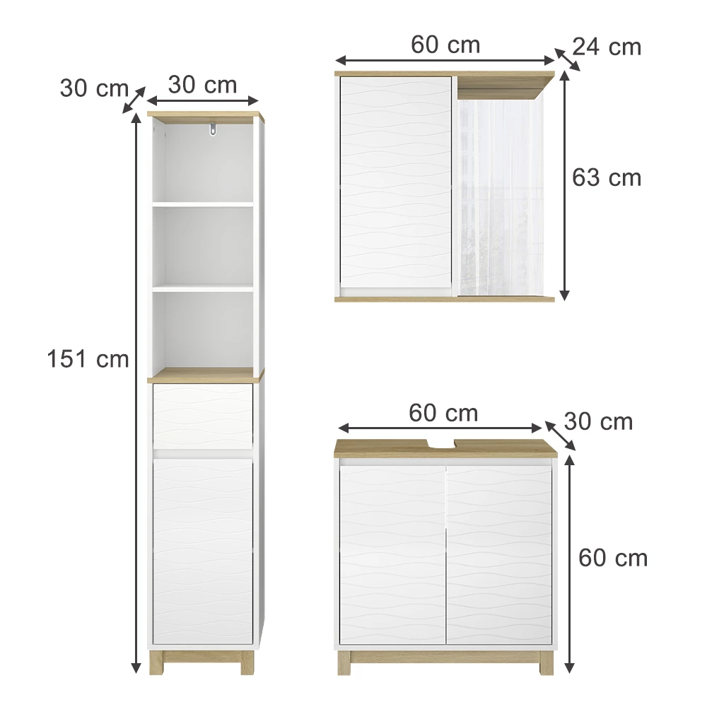 Vicco Badkamermeubelset Wit/eiken 3 delen, met hoge eenheid, Livia