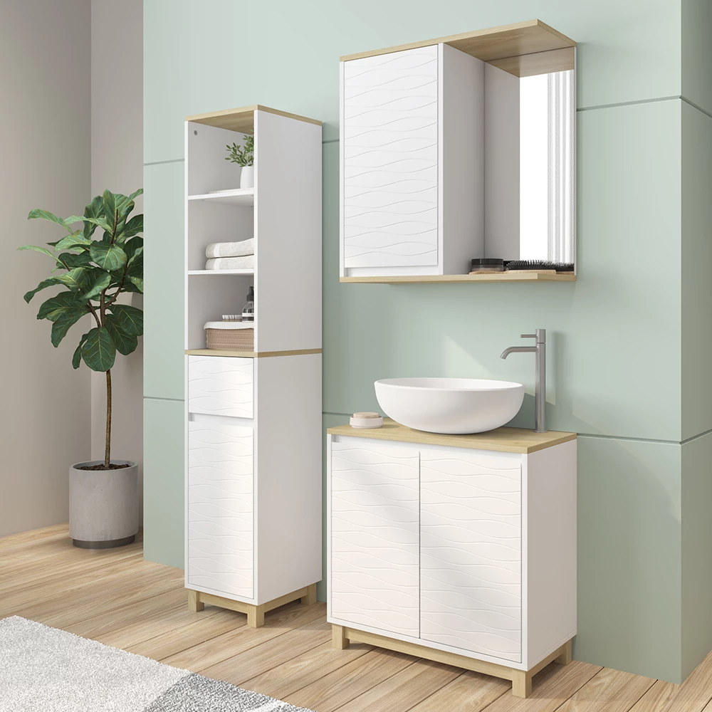 Vicco Badkamermeubelset Wit/eiken 3 delen, met hoge eenheid, Livia