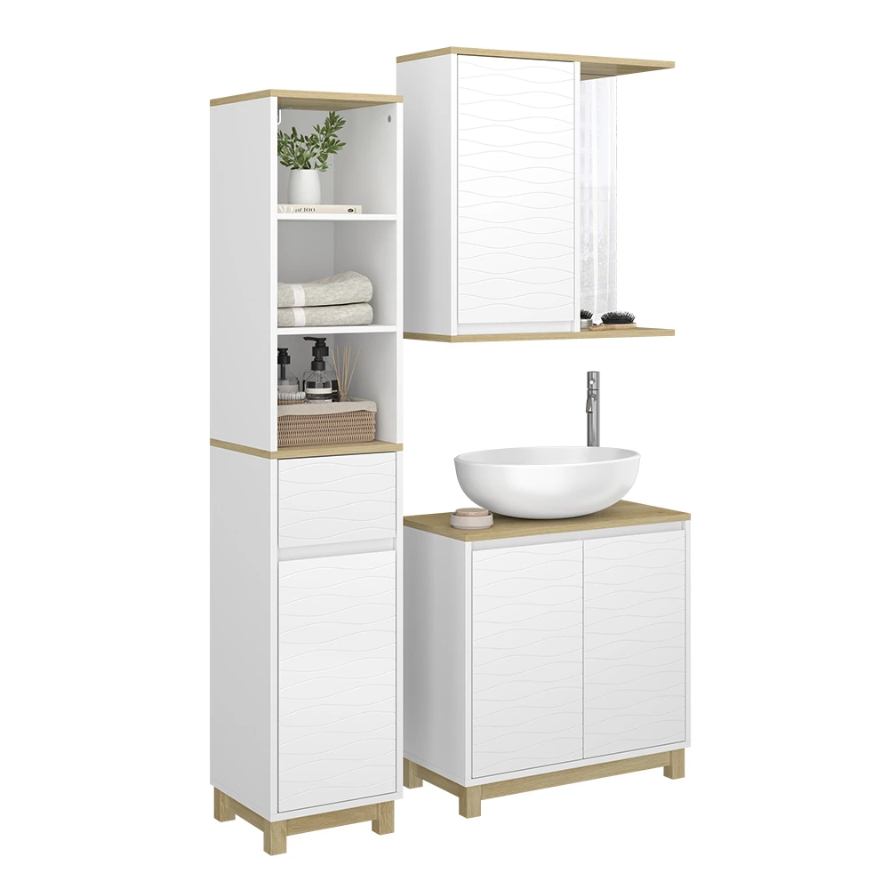 Vicco Badkamermeubelset Wit/eiken 3 delen, met hoge eenheid, Livia