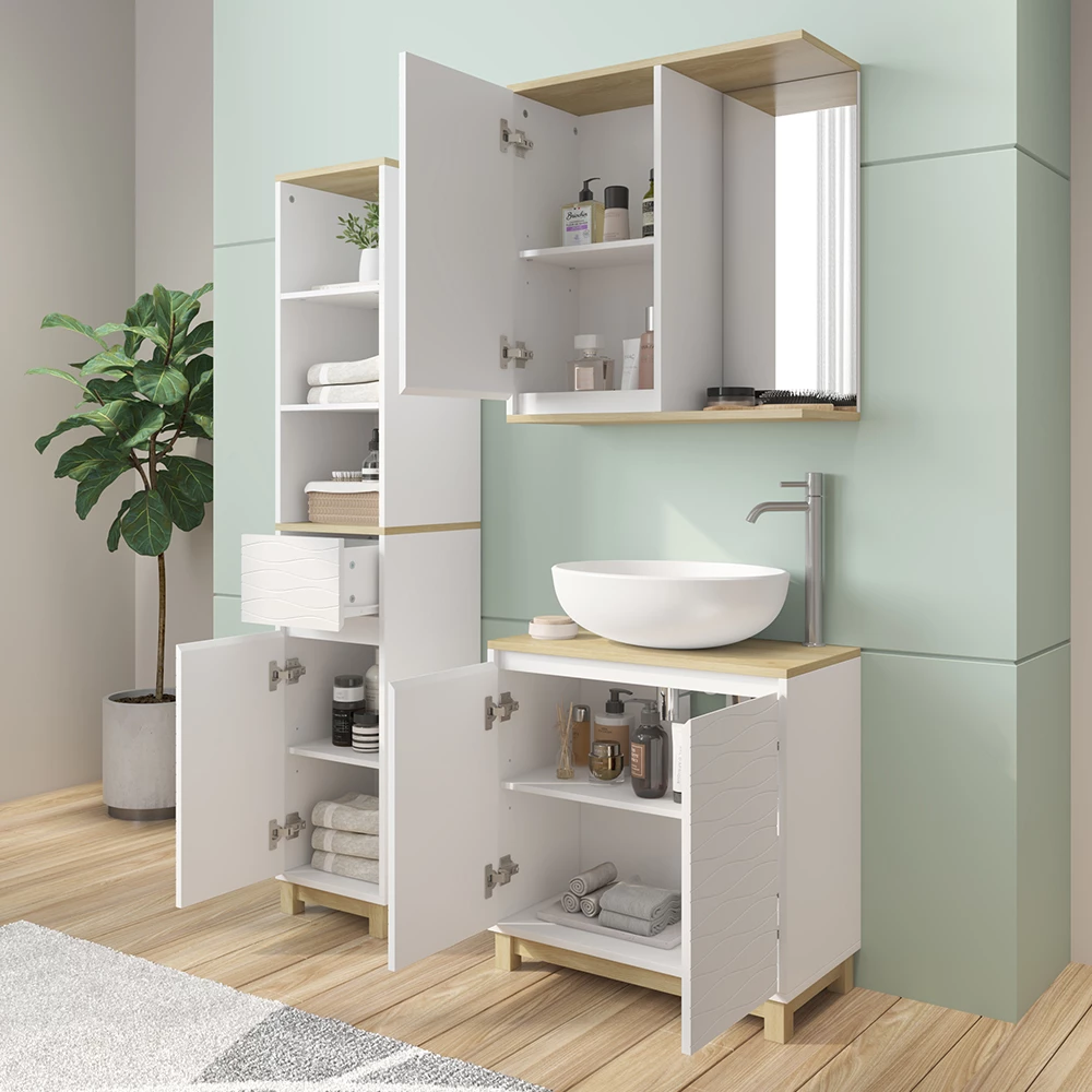 Vicco Badkamermeubelset Wit/eiken 3 delen, met hoge eenheid, Livia