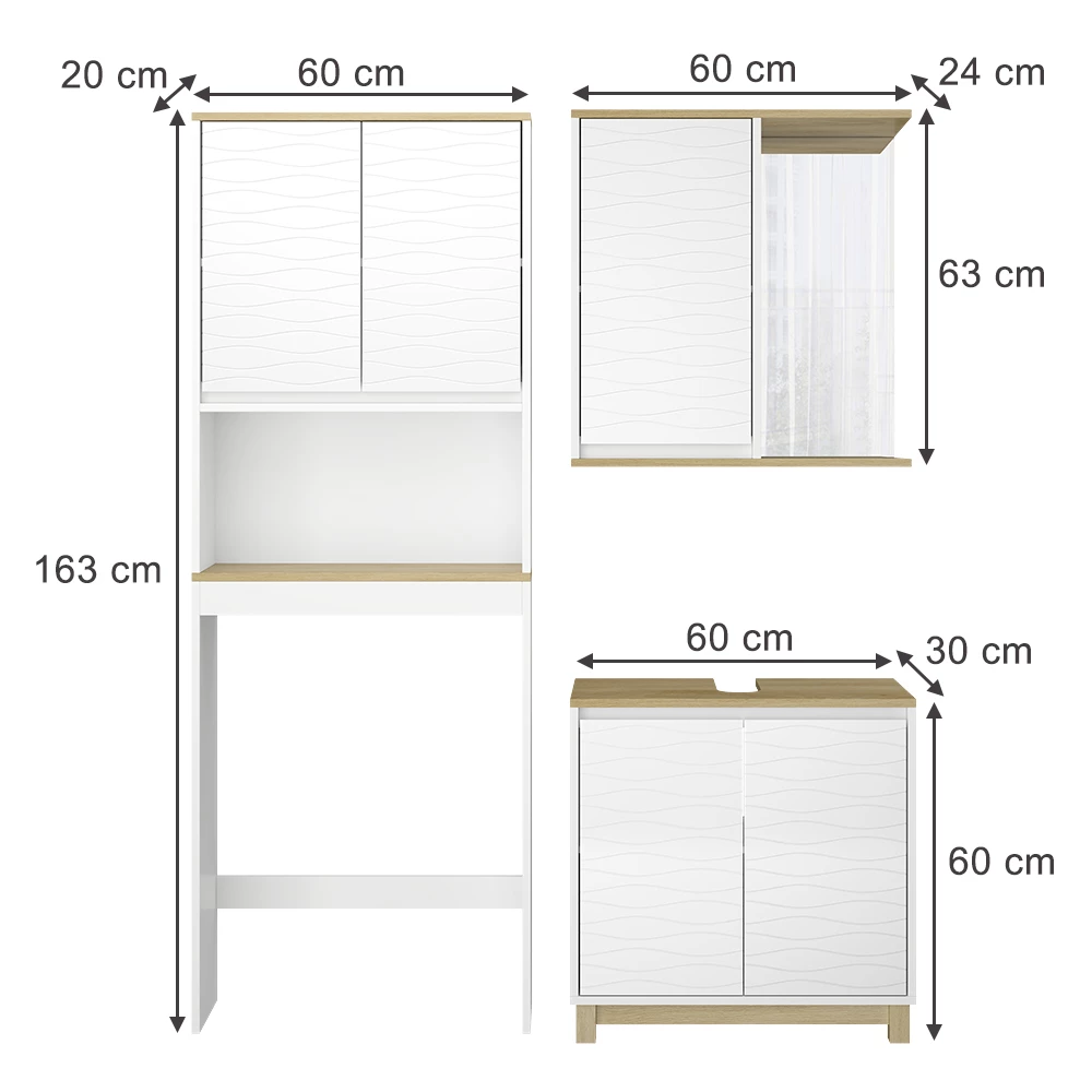 Vicco Set di mobili da bagno Bianco/quercia 3 parti, Livia