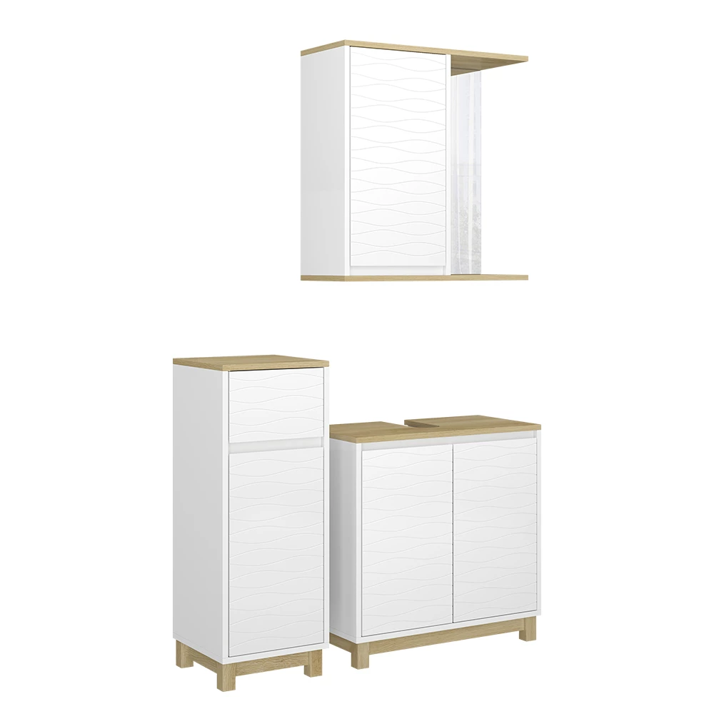 Vicco Badmöbel-Set Weiß/Eiche 3 Teile, mit Midischrank, Livia