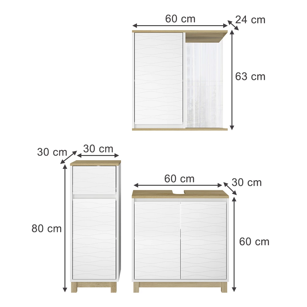 Vicco Badmöbel-Set Weiß/Eiche 3 Teile, mit Midischrank, Livia