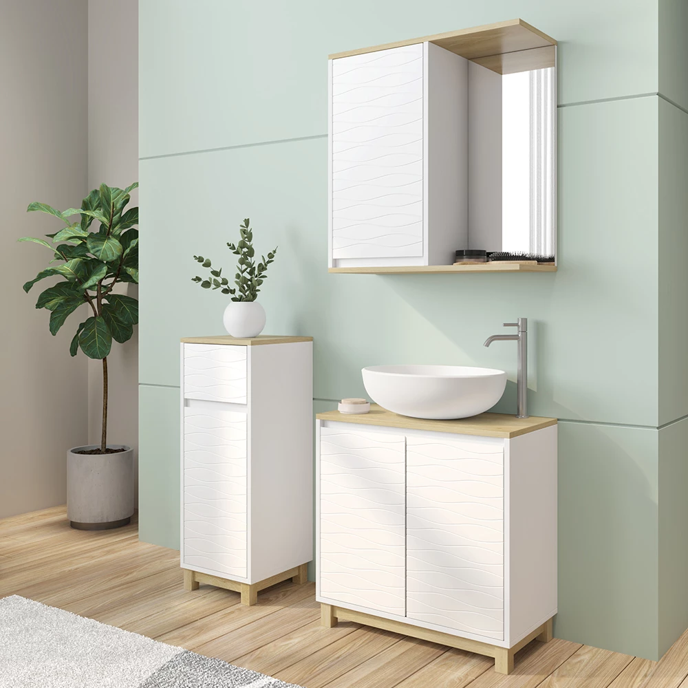 Vicco Badmöbel-Set Weiß/Eiche 3 Teile, mit Midischrank, Livia