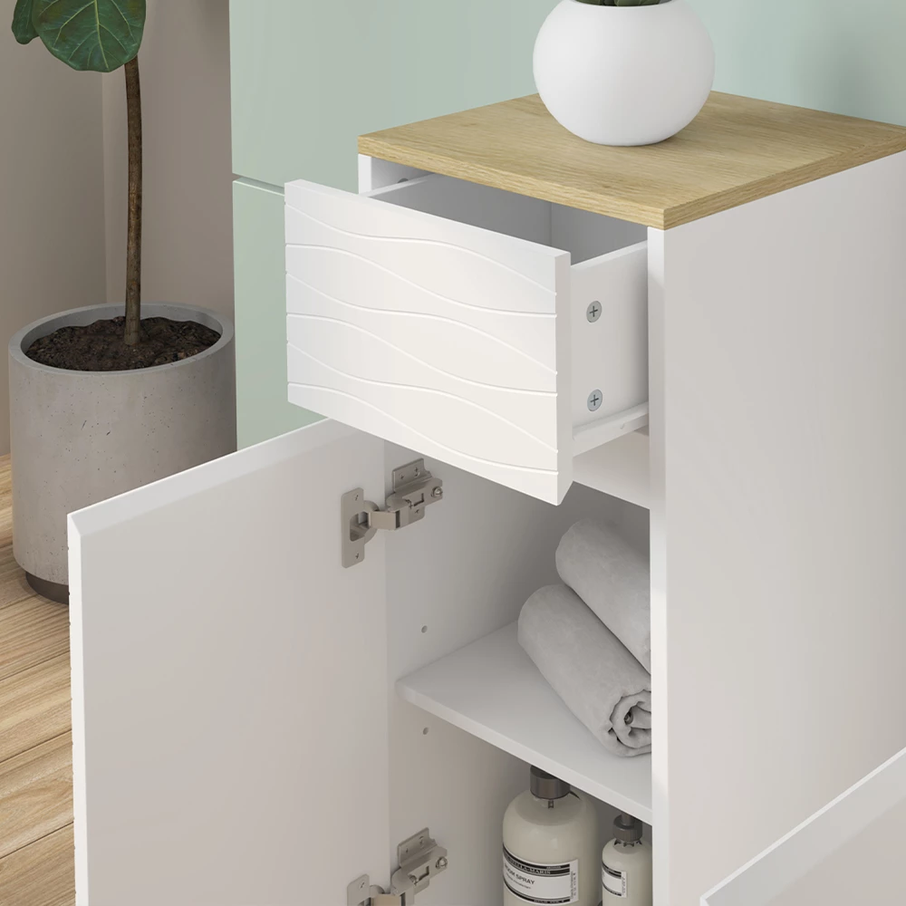 Vicco Badmöbel-Set Weiß/Eiche 3 Teile, mit Midischrank, Livia