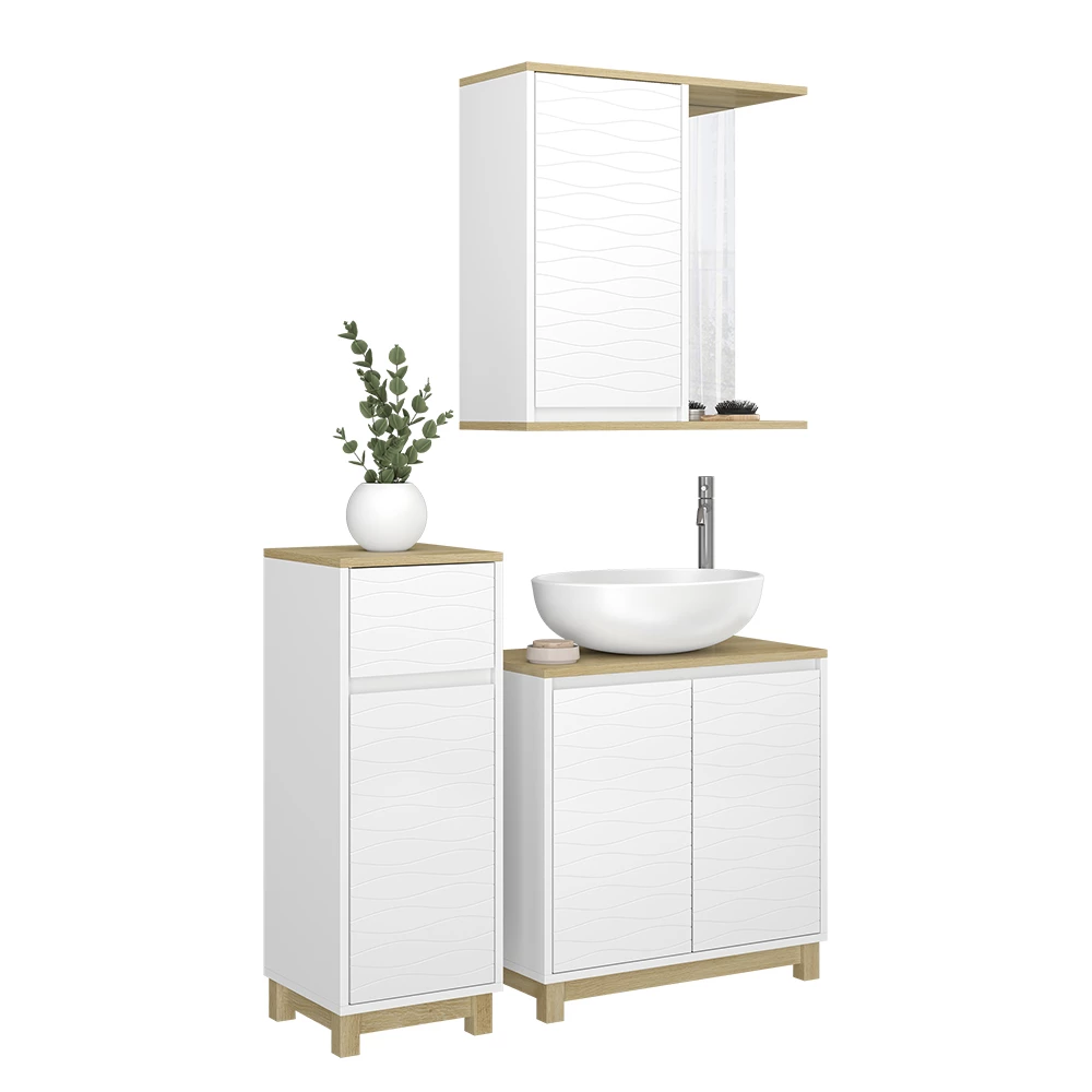 Vicco Badmöbel-Set Weiß/Eiche 3 Teile, mit Midischrank, Livia
