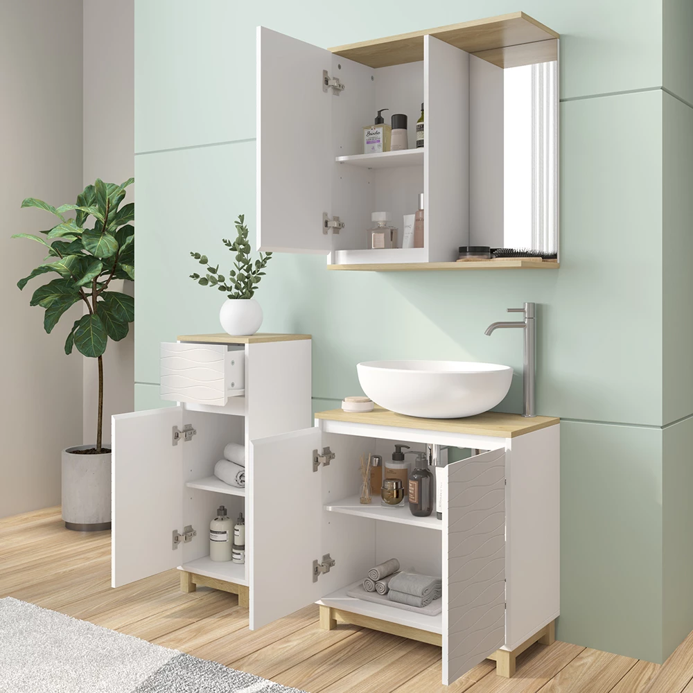 Vicco Badmöbel-Set Weiß/Eiche 3 Teile, mit Midischrank, Livia