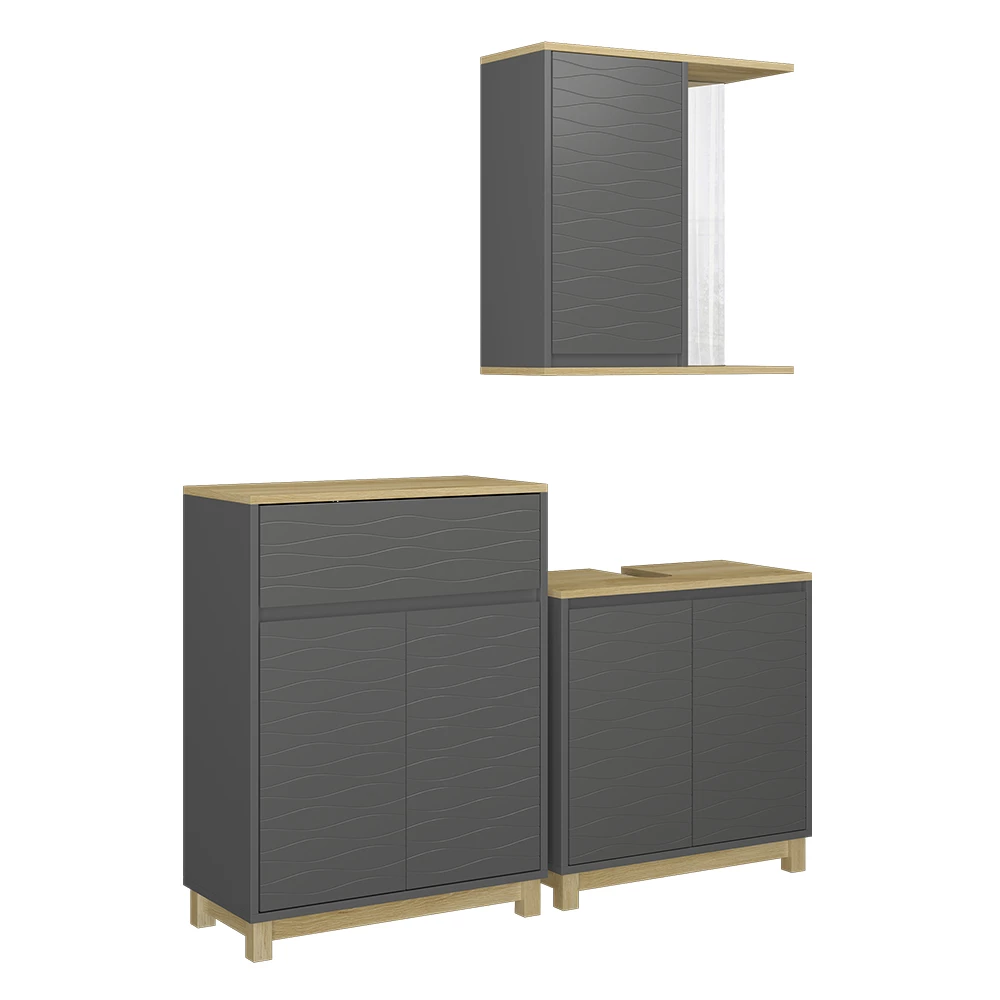 Vicco Badmöbel-Set Anthrazit/Eiche 3 Teile, mit Badregal, Livia