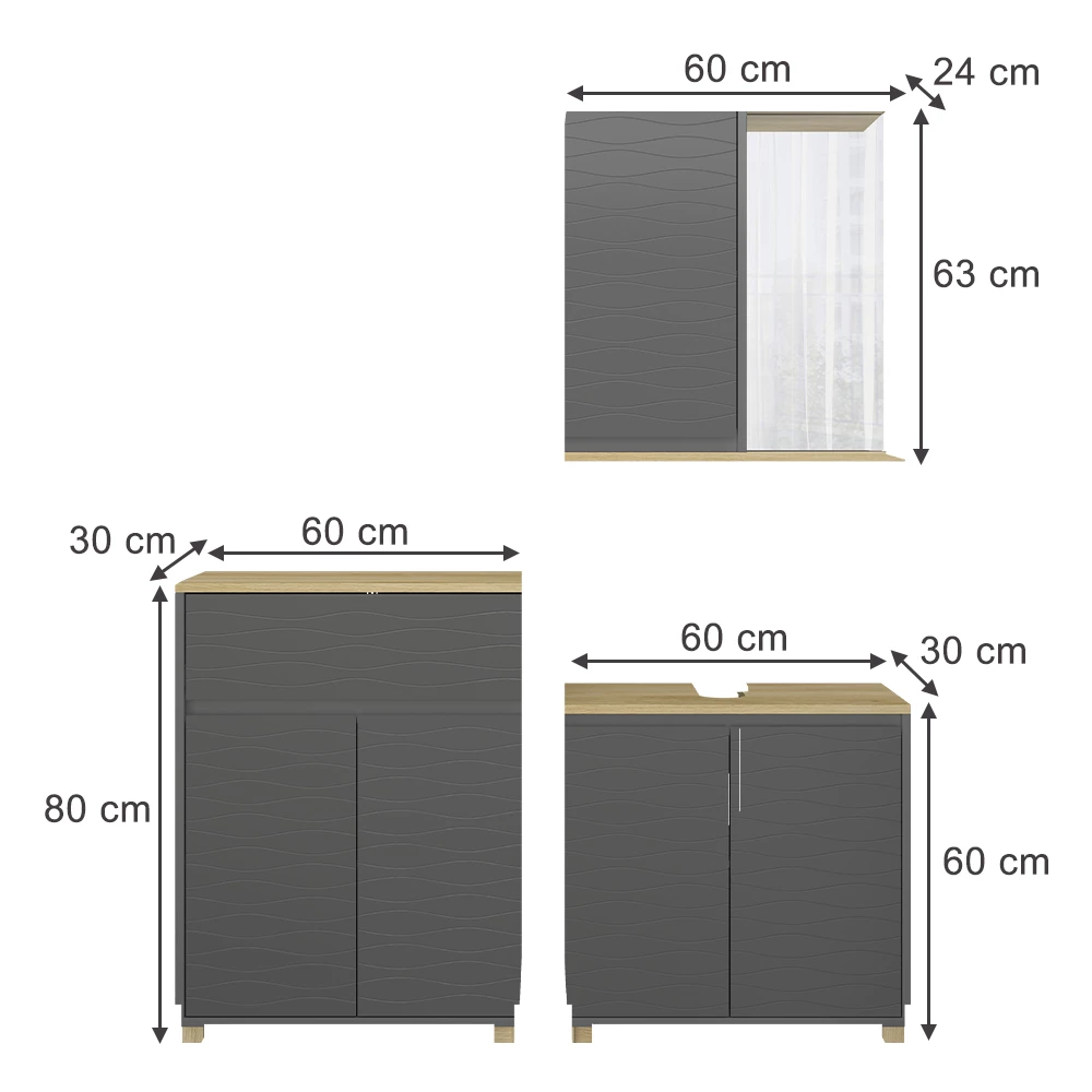 Vicco Badmöbel-Set Anthrazit/Eiche 3 Teile, mit Badregal, Livia