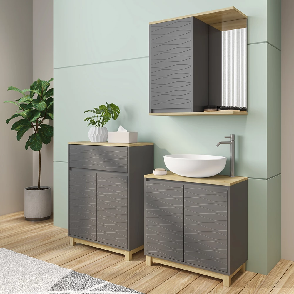 Vicco Badmöbel-Set Anthrazit/Eiche 3 Teile, mit Badregal, Livia