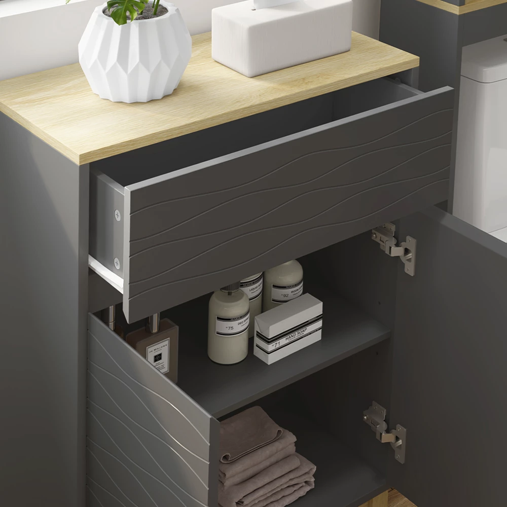 Vicco Badmöbel-Set Anthrazit/Eiche 3 Teile, mit Badregal, Livia