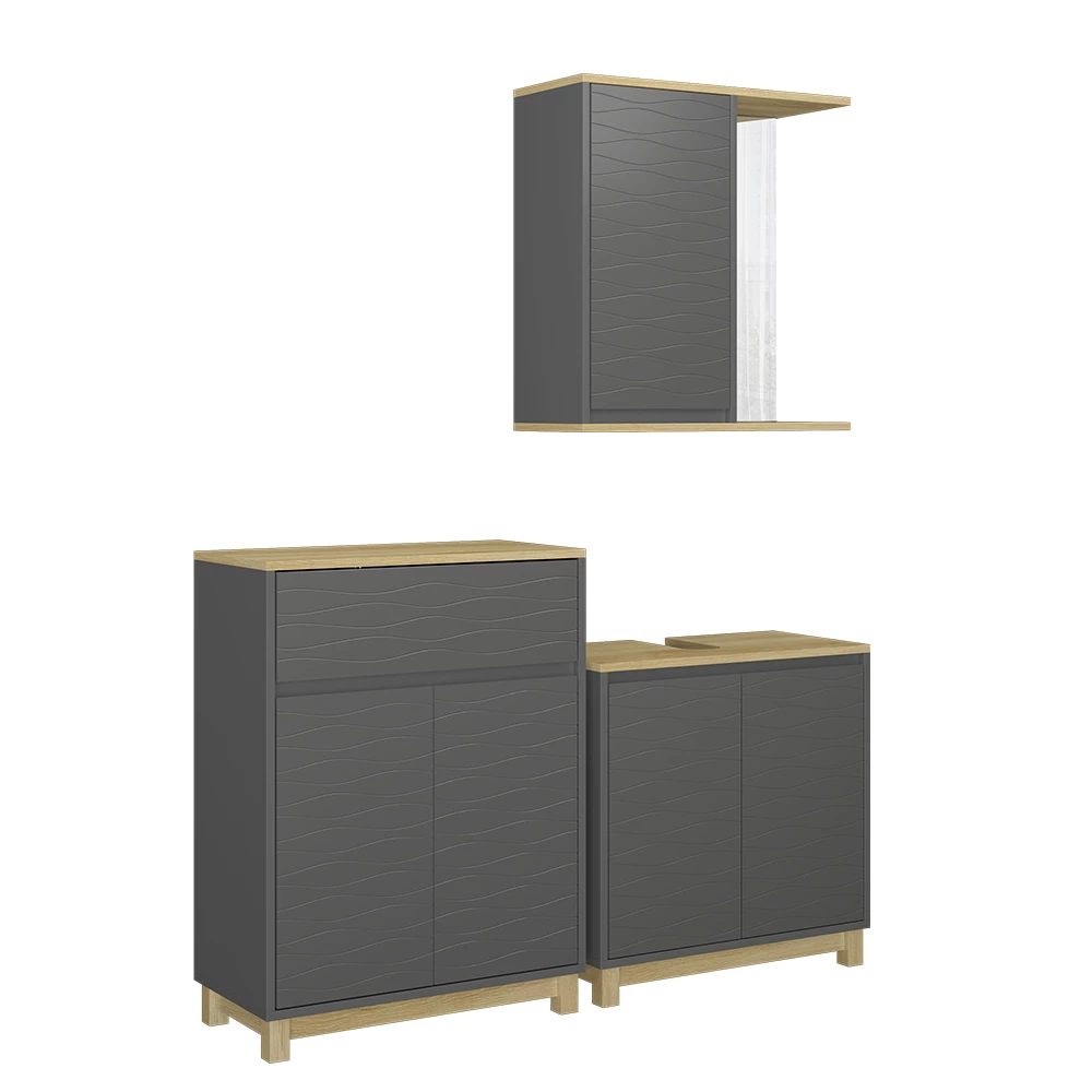 Vicco Badmöbel-Set Anthrazit/Eiche 3 Teile, mit Badregal, Livia
