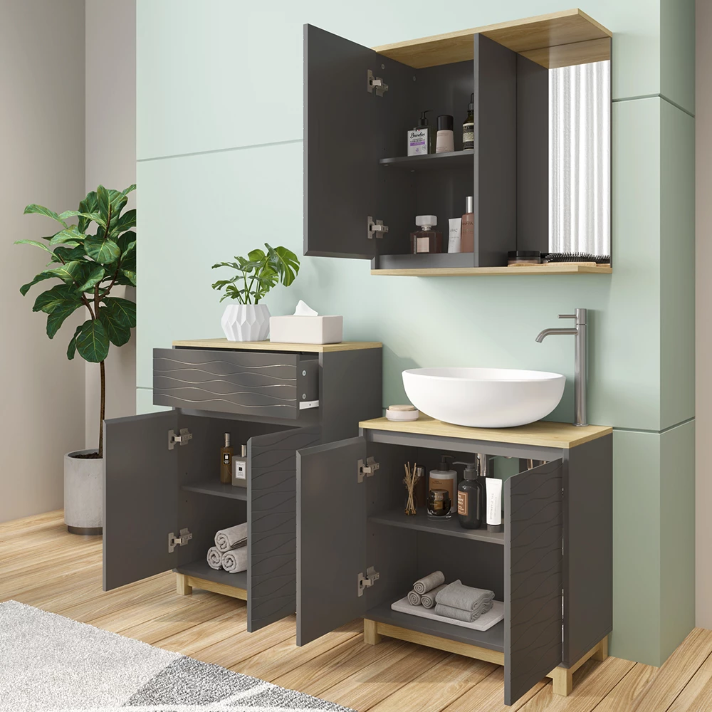 Vicco Badmöbel-Set Anthrazit/Eiche 3 Teile, mit Badregal, Livia