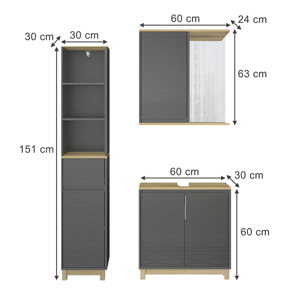 Vicco Badmöbel-Set Anthrazit/Eiche 3 Teile, mit Hochschrank, Livia