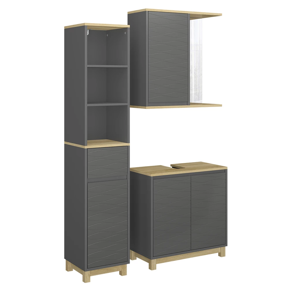Vicco Badmöbel-Set Anthrazit/Eiche 3 Teile, mit Hochschrank, Livia