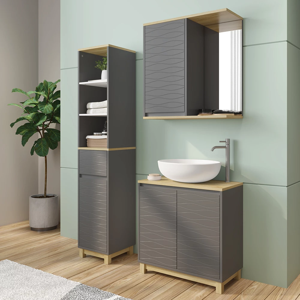 Vicco Badmöbel-Set Anthrazit/Eiche 3 Teile, mit Hochschrank, Livia