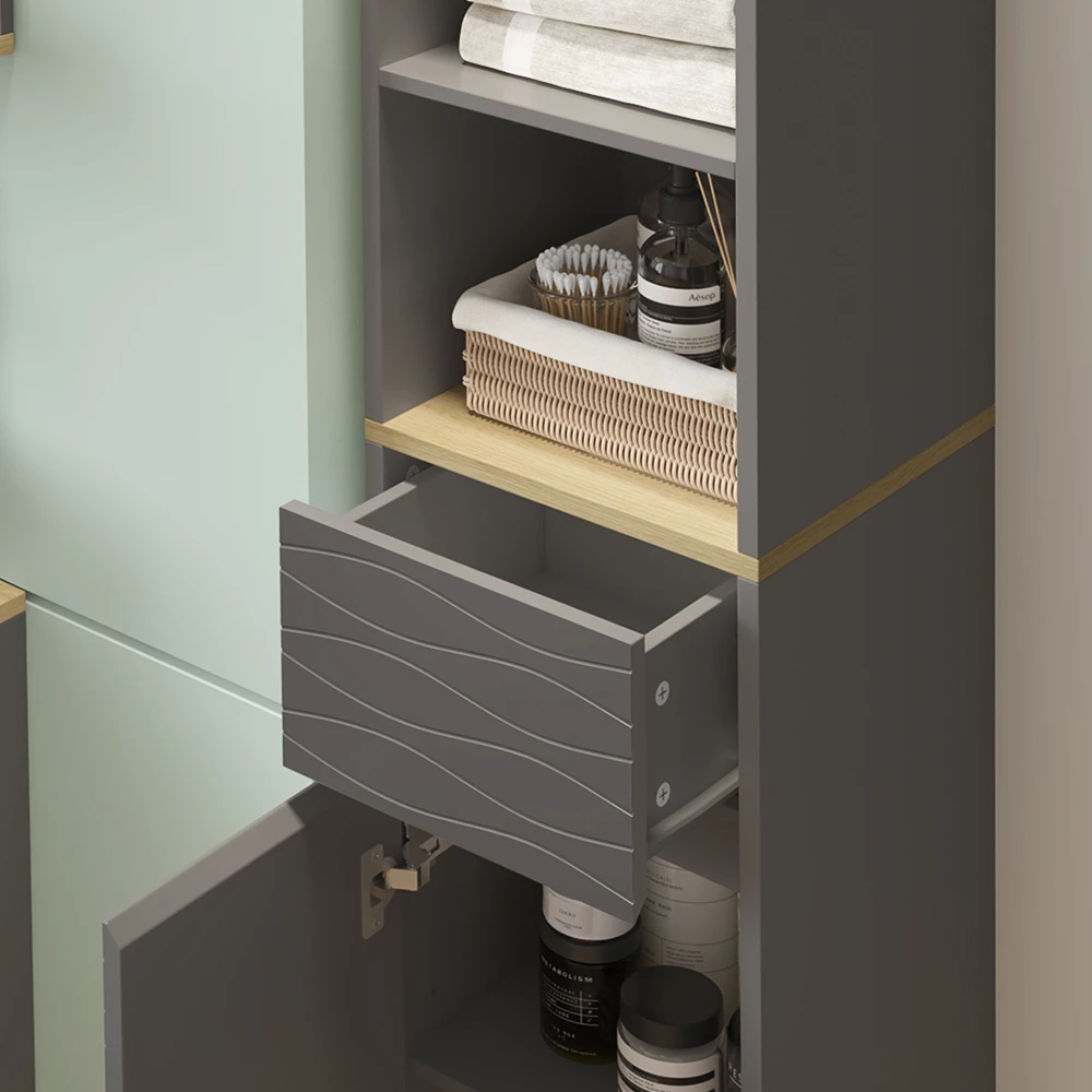 Vicco Badmöbel-Set Anthrazit/Eiche 3 Teile, mit Hochschrank, Livia