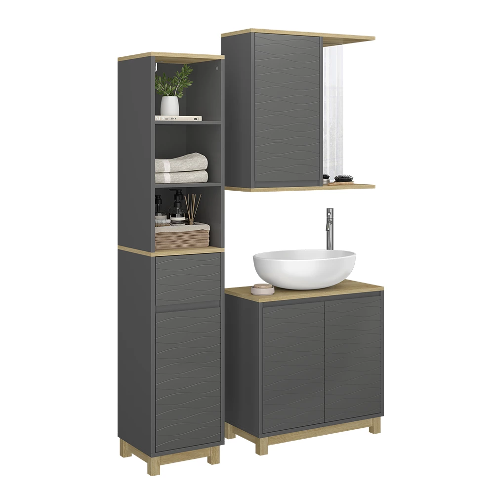 Vicco Badmöbel-Set Anthrazit/Eiche 3 Teile, mit Hochschrank, Livia