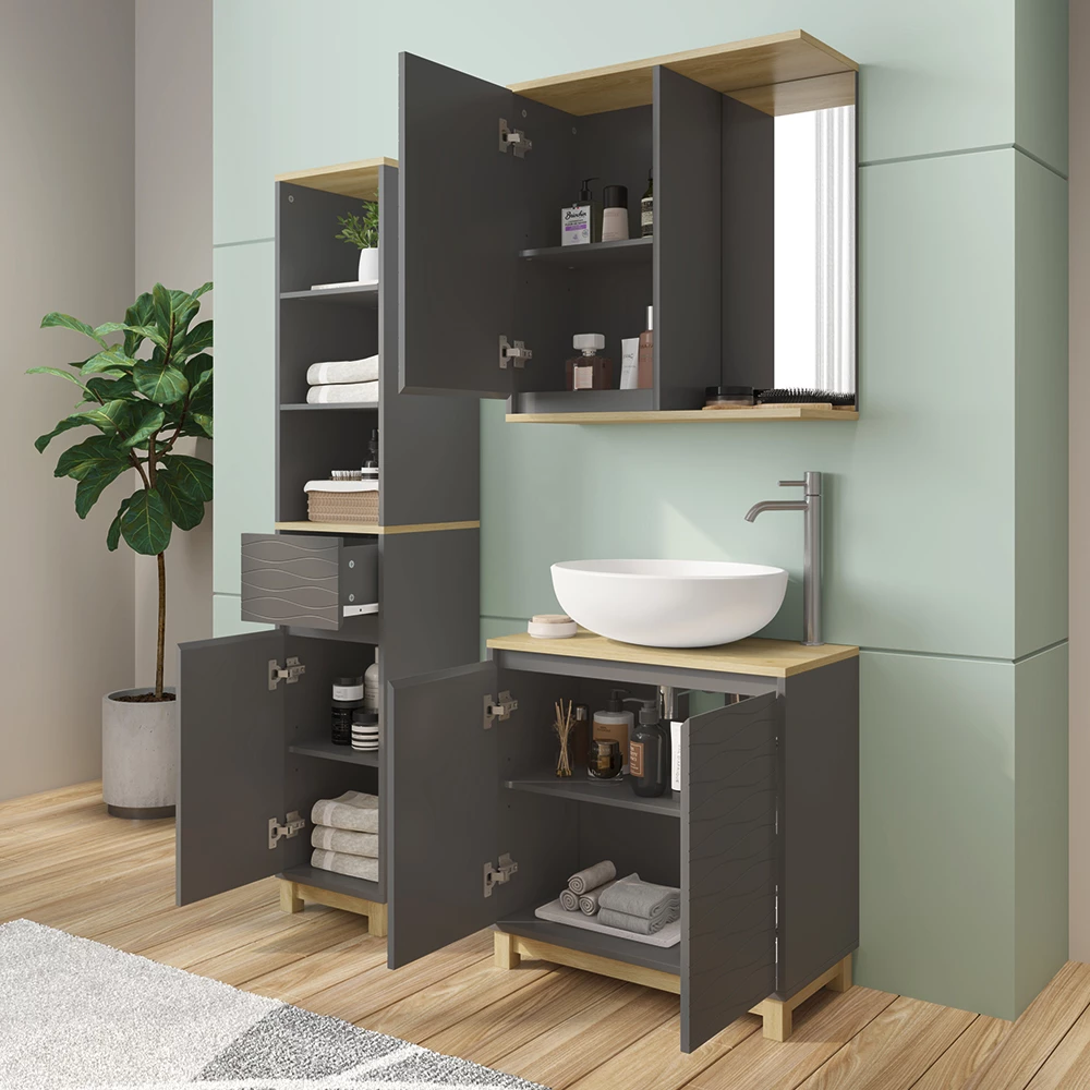Vicco Badmöbel-Set Anthrazit/Eiche 3 Teile, mit Hochschrank, Livia