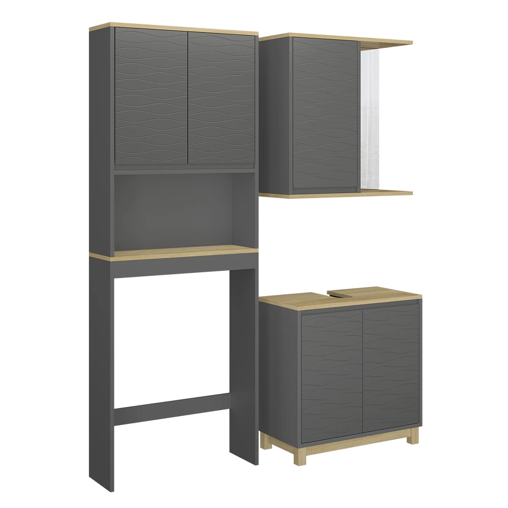 Vicco Set di mobili da bagno Antracite/quercia 3 parti, Livia