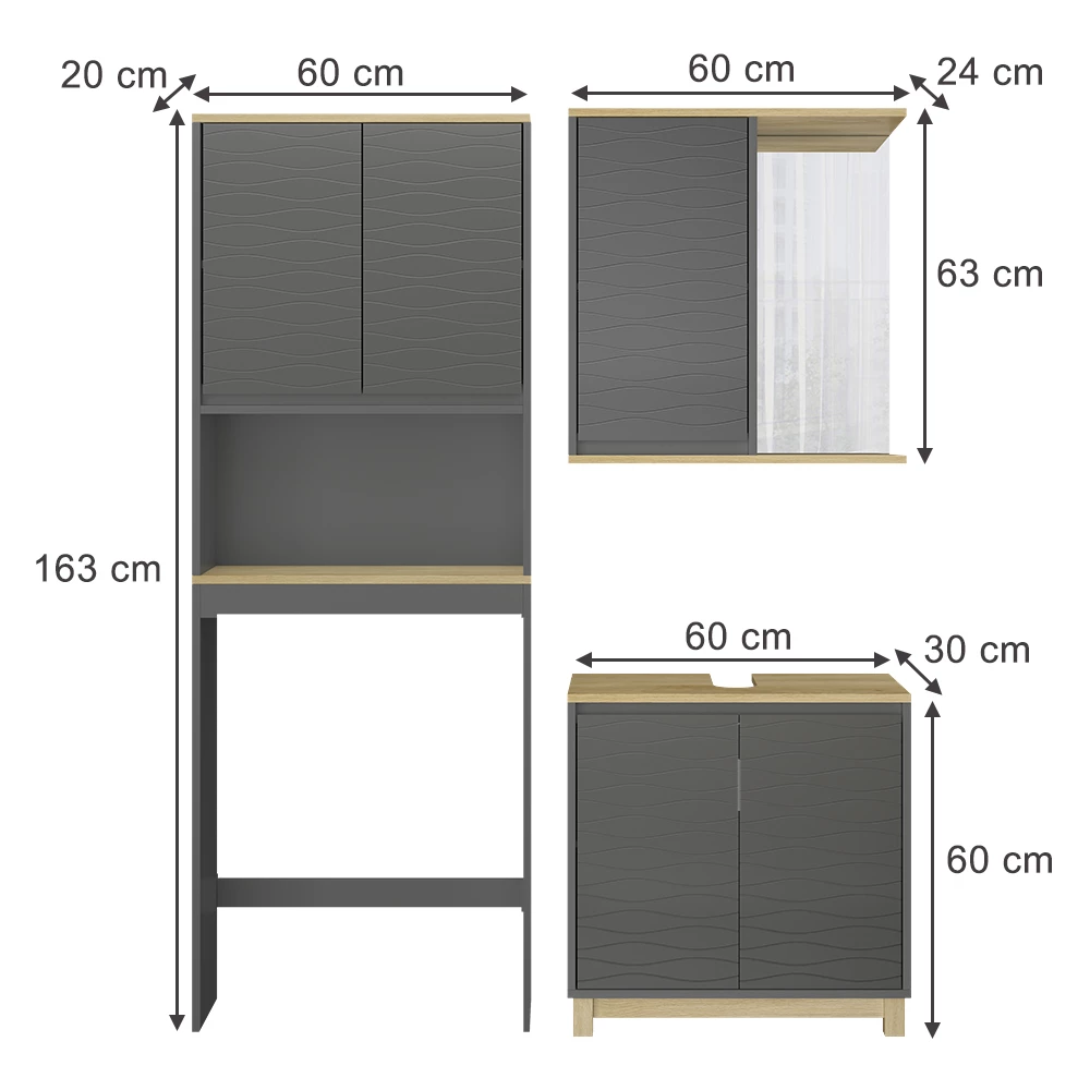Vicco Set di mobili da bagno Antracite/quercia 3 parti, Livia