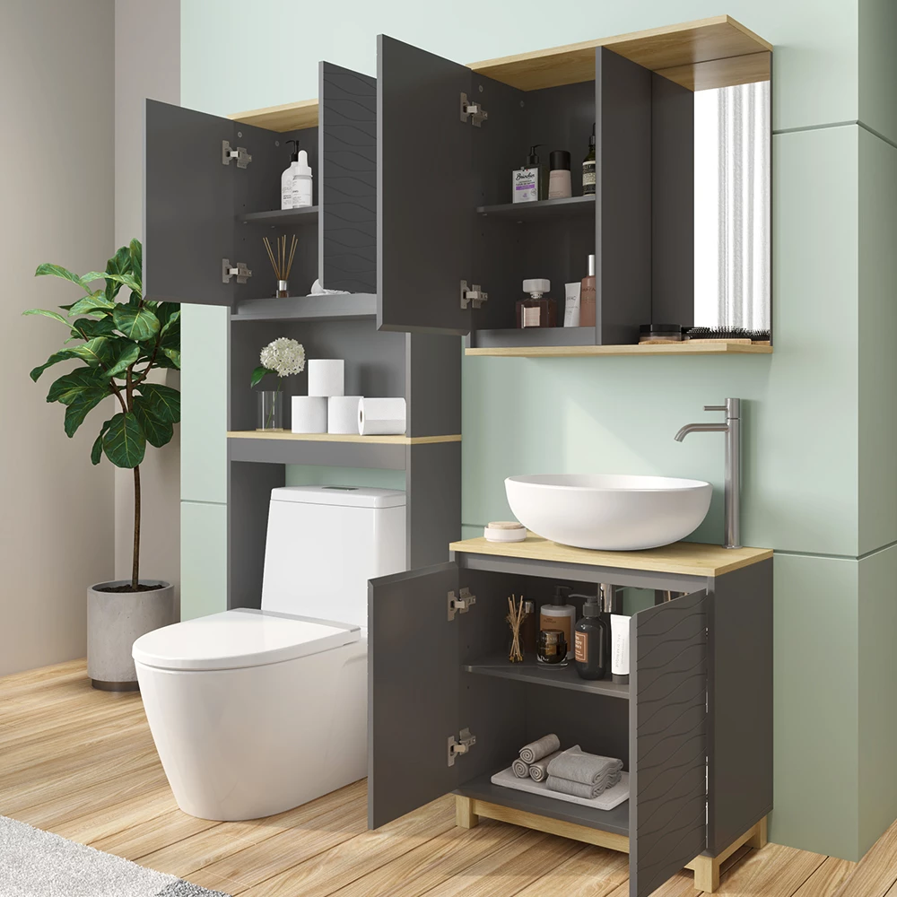 Vicco Set di mobili da bagno Antracite/quercia 3 parti, Livia
