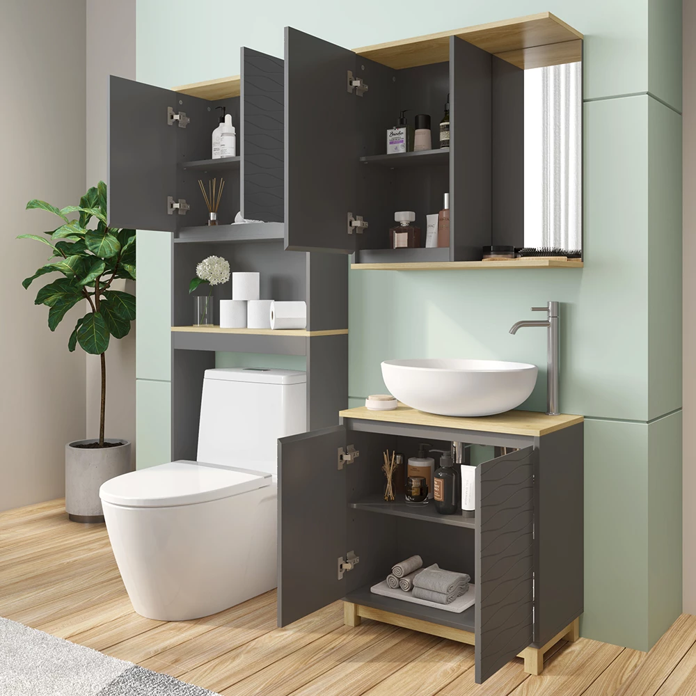 Vicco Set di mobili da bagno Antracite/quercia 3 parti, Livia