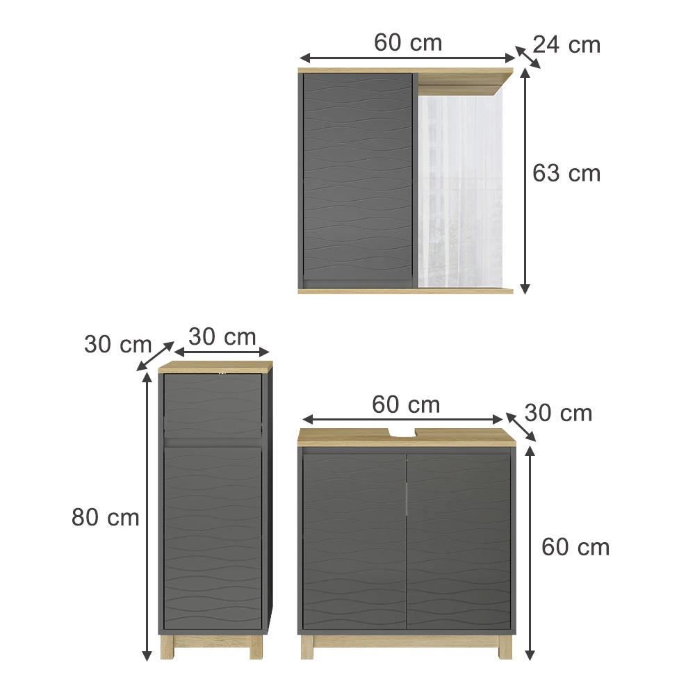 Vicco Badmöbel-Set Anthrazit/Eiche 3 Teile, mit Midischrank, Livia