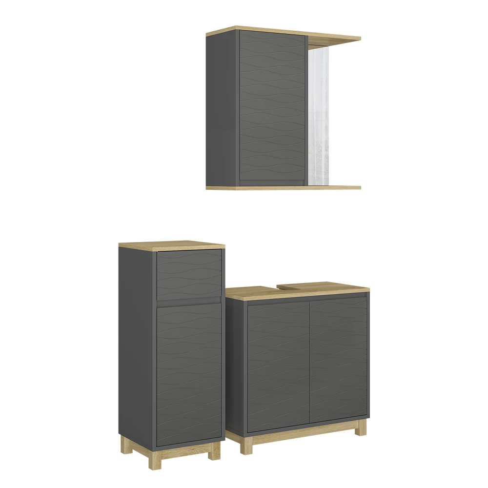 Vicco Badmöbel-Set Anthrazit/Eiche 3 Teile, mit Midischrank, Livia