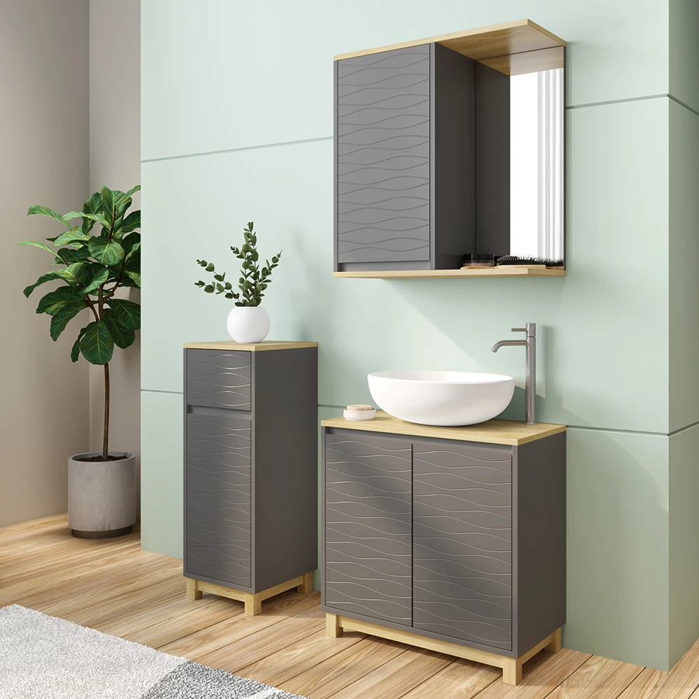Vicco Badmöbel-Set Anthrazit/Eiche 3 Teile, mit Midischrank, Livia