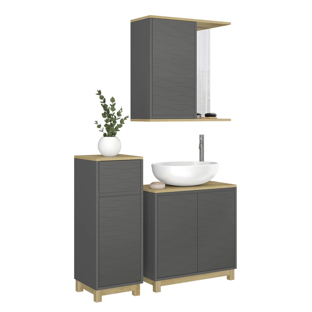 Vicco Badmöbel-Set Anthrazit/Eiche 3 Teile, mit Midischrank, Livia