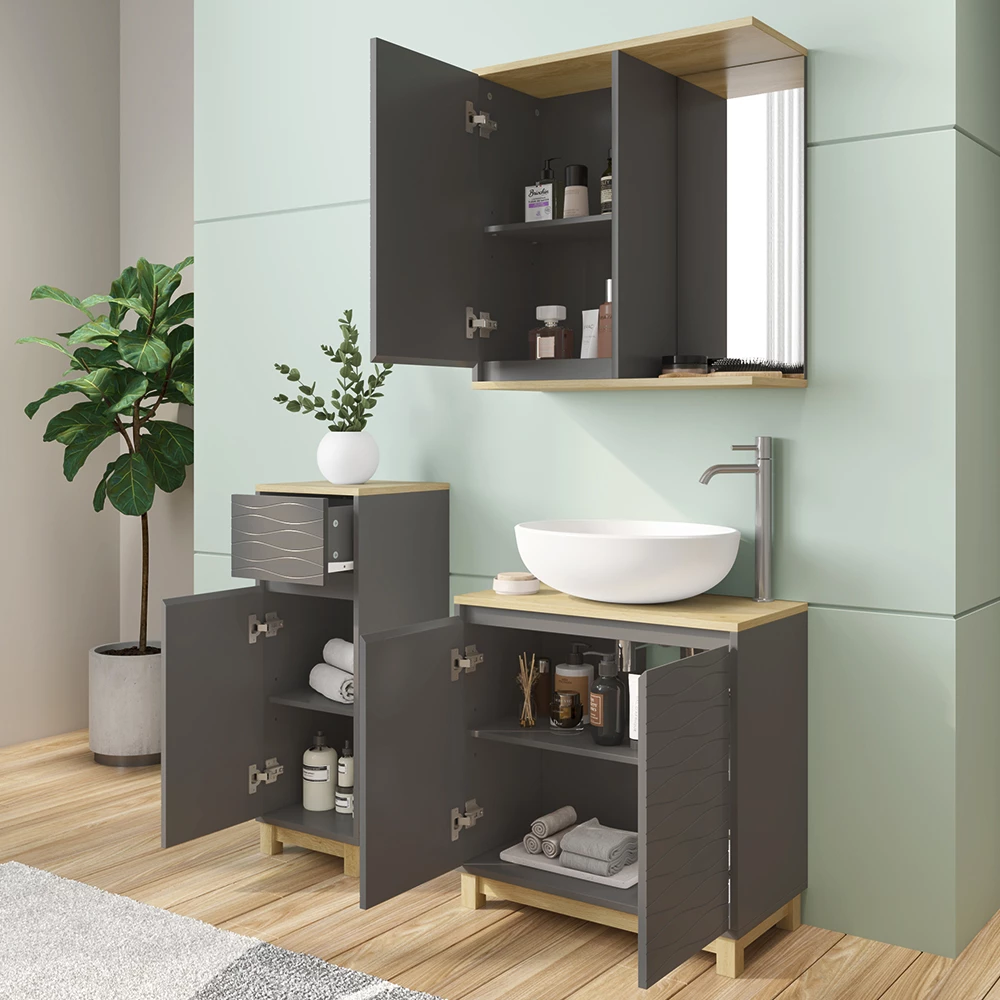 Vicco Badmöbel-Set Anthrazit/Eiche 3 Teile, mit Midischrank, Livia