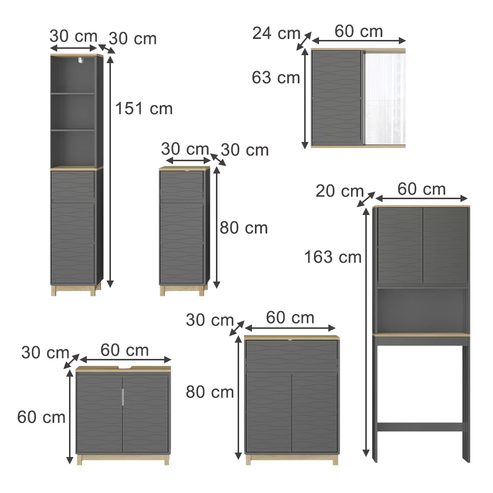 Vicco Badkamermeubelset Antraciet/eiken 6 delen, Livia