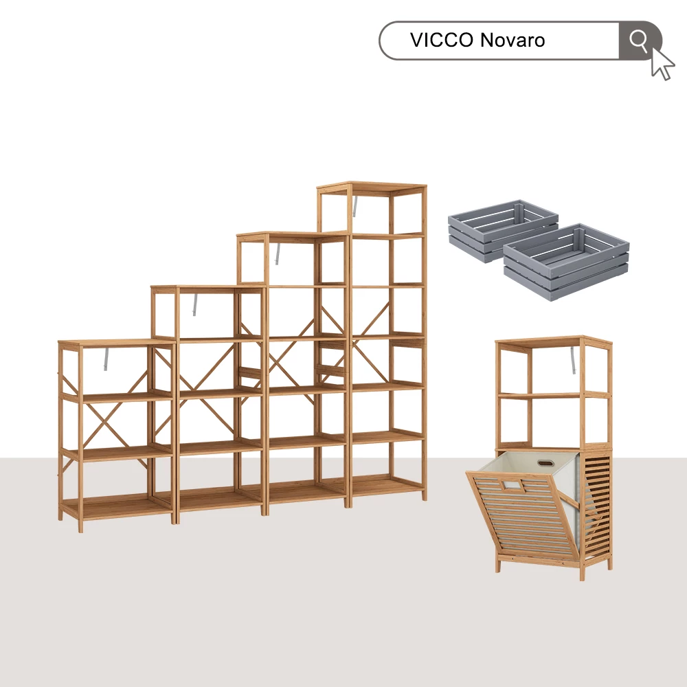 Vicco Badschrank "Novaro", Bambus, 48.3 x 114 cm mit Wäschekorb