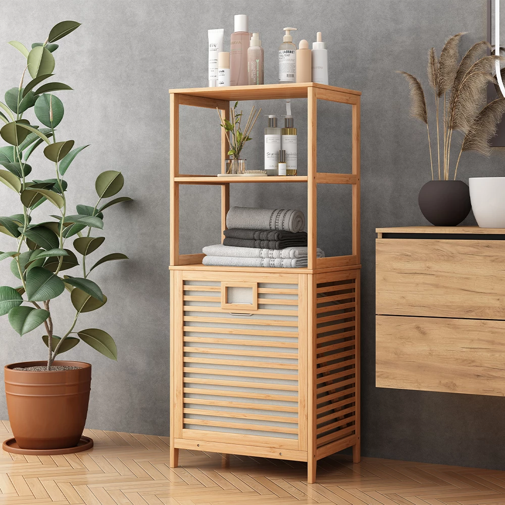 Vicco Badschrank "Novaro", Bambus, 48.3 x 114 cm mit Wäschekorb