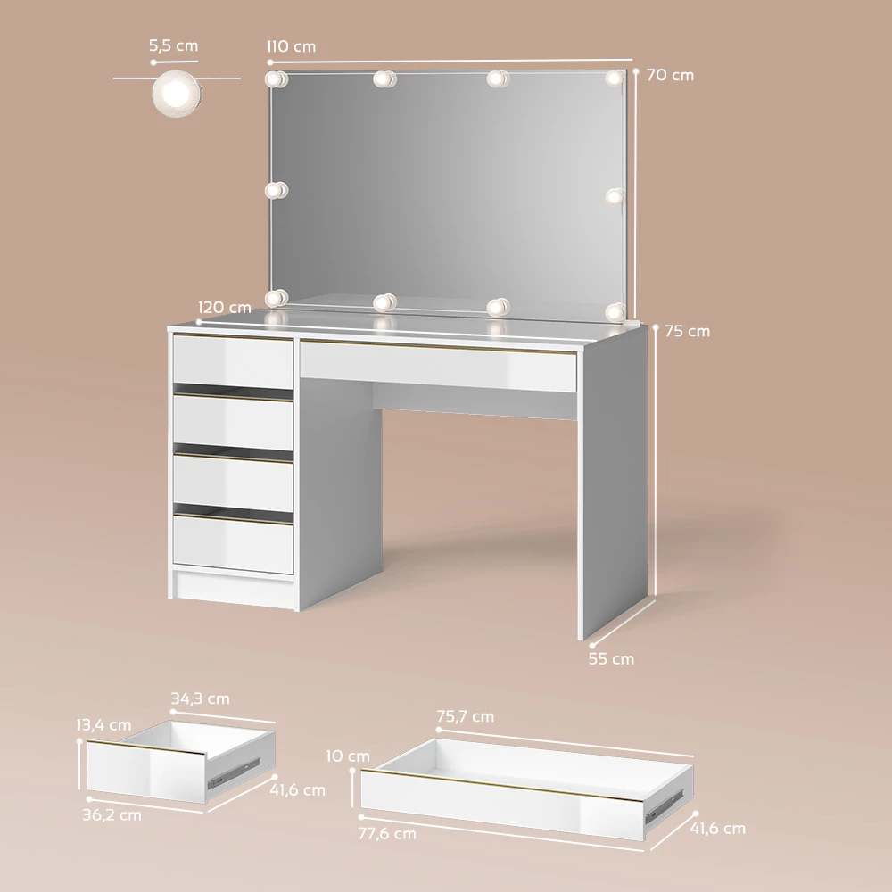 Schminktisch in Weiß/Gold auf weißem Hintergrund mit sichtbaren Maßen