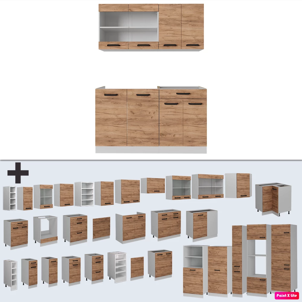 Nahaufnahme von Küchenzeile in Goldkraft Eiche/Weiß, zeigt Design- und Oberflächendetails
