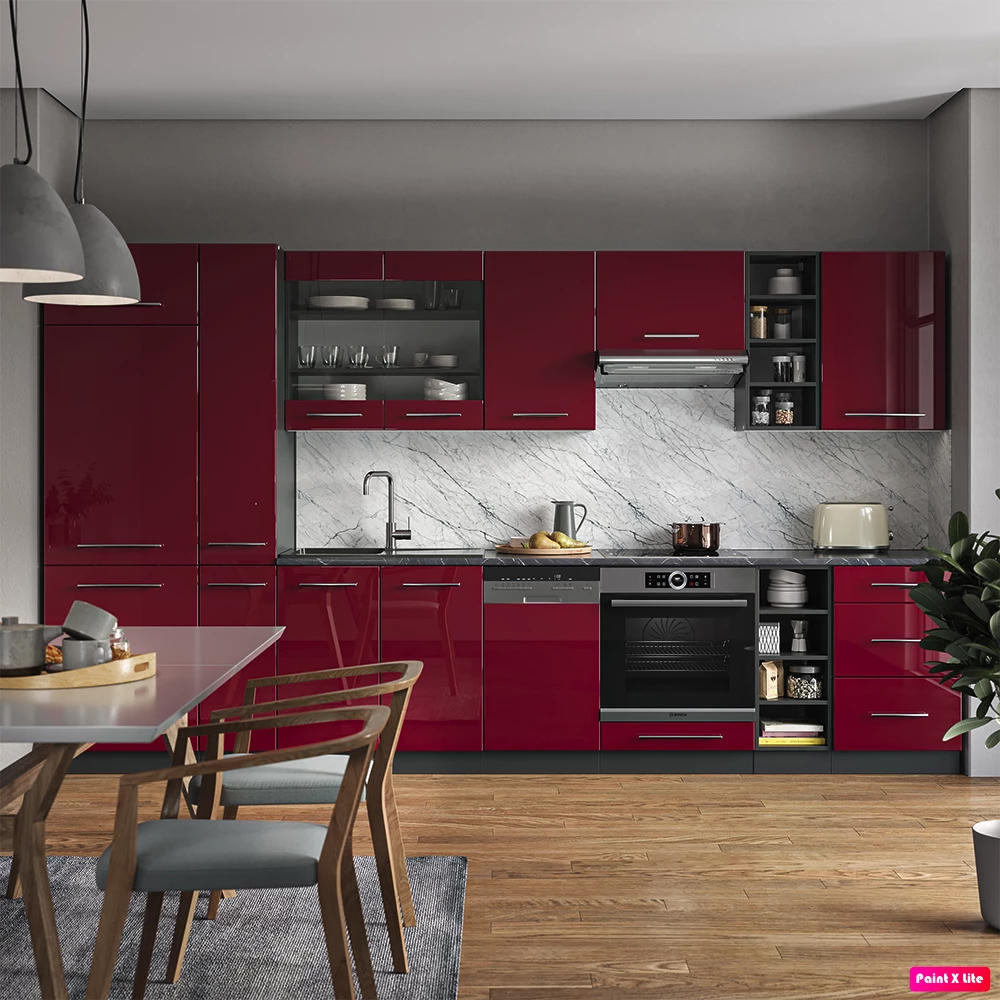 Kitchenette in Bordeaux alto brilho/antracite on white background