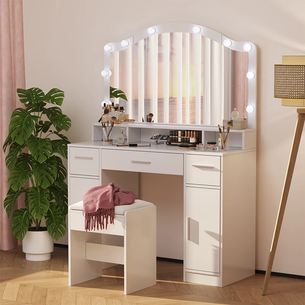 Vicco Coiffeuse "Lumira", Blanc, 110cm avec miroir LED et tabouret