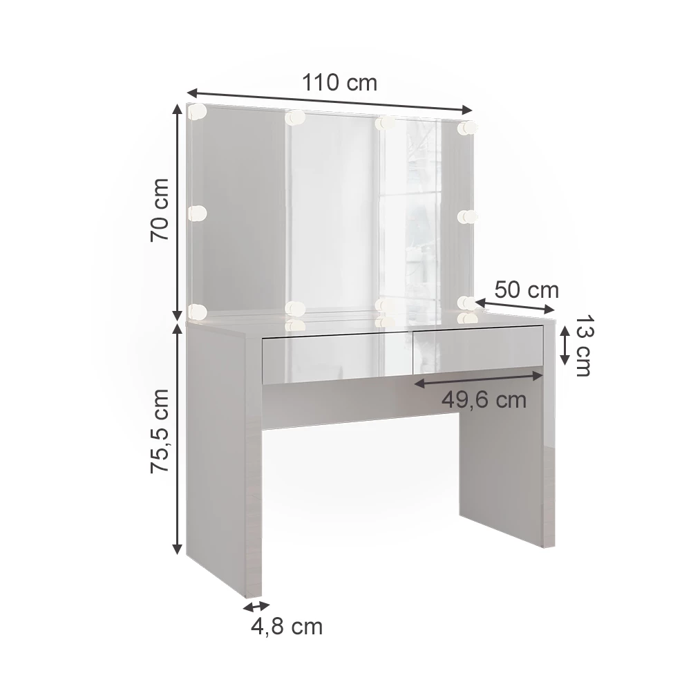 Vicco Kaptafel "Annabelle", Wit hoogglans/wit, 110 cm met spiegel en lampen