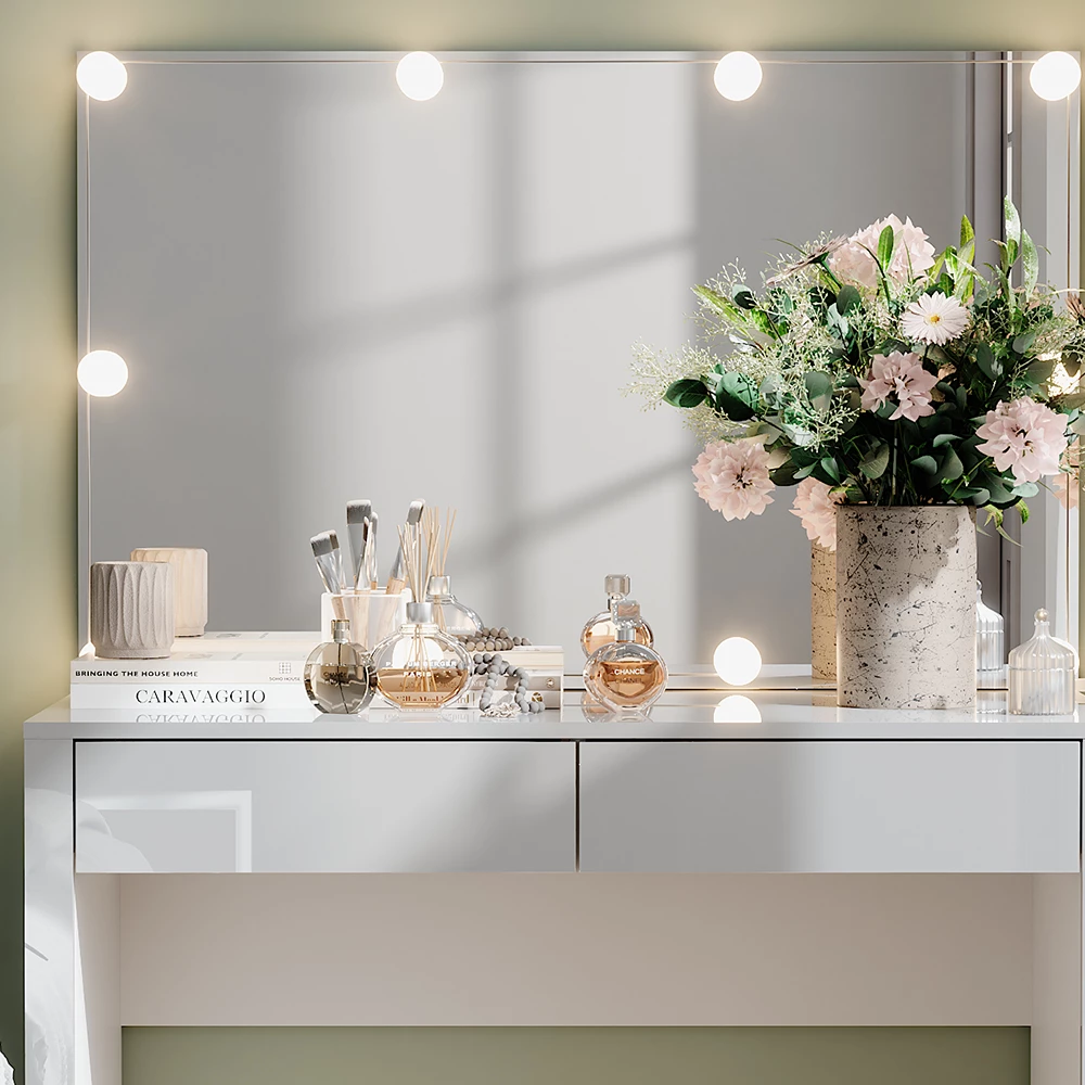 Vicco Kaptafel "Annabelle", Wit hoogglans/wit, 110 cm met spiegel en lampen