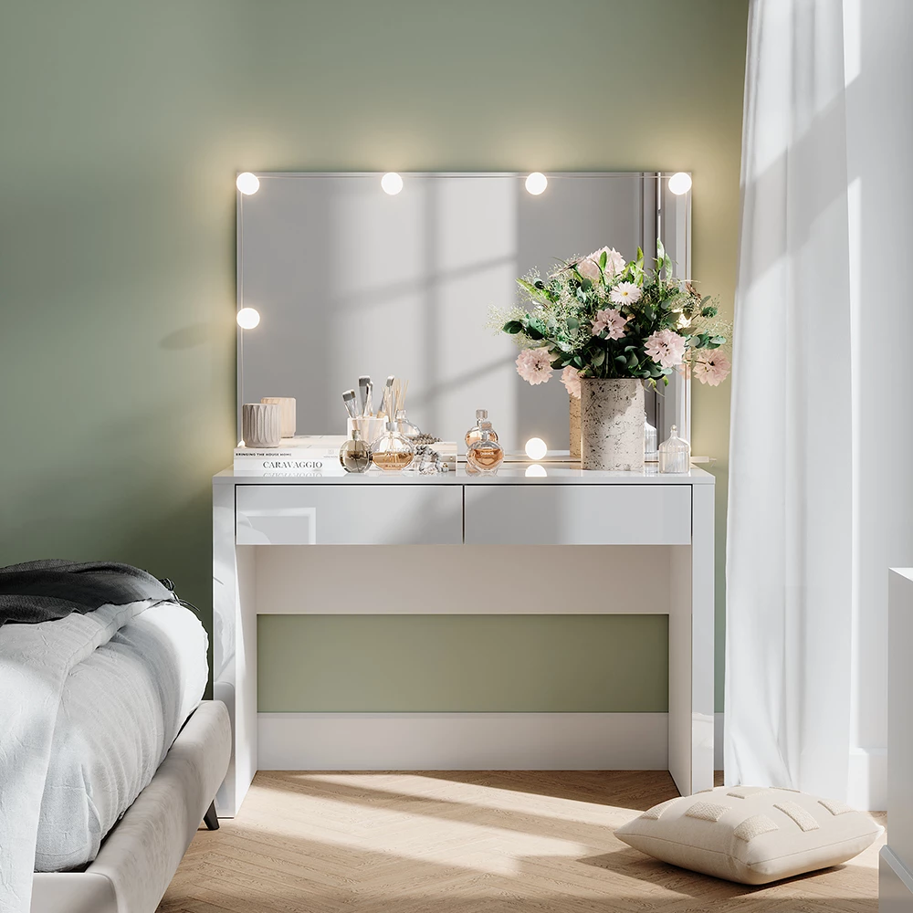 Vicco Kaptafel "Annabelle", Wit hoogglans/wit, 110 cm met spiegel en lampen