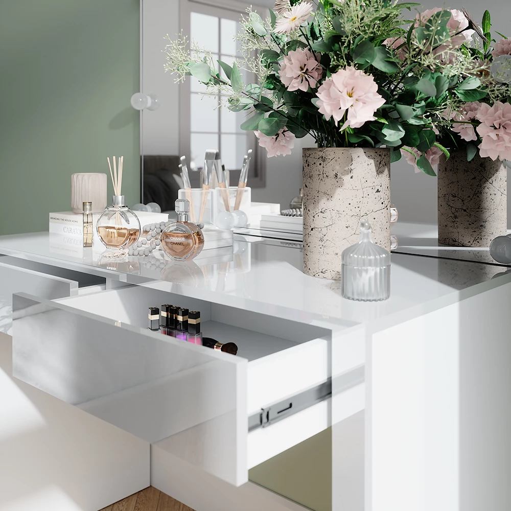 Vicco Kaptafel "Annabelle", Wit hoogglans/wit, 110 cm met spiegel en lampen