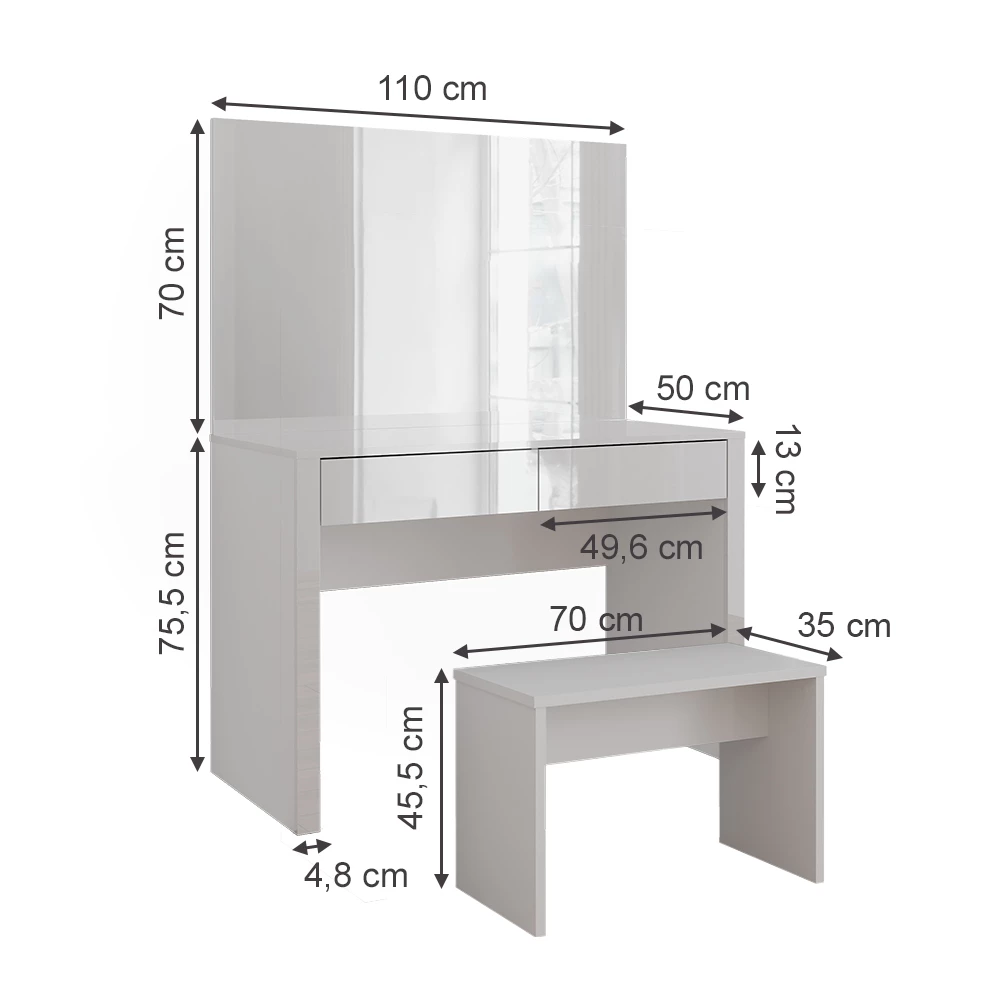 Vicco Schminktisch "Annabelle", Weiß Hochglanz/Weiß, 110 cm mit Spiegel und Bank