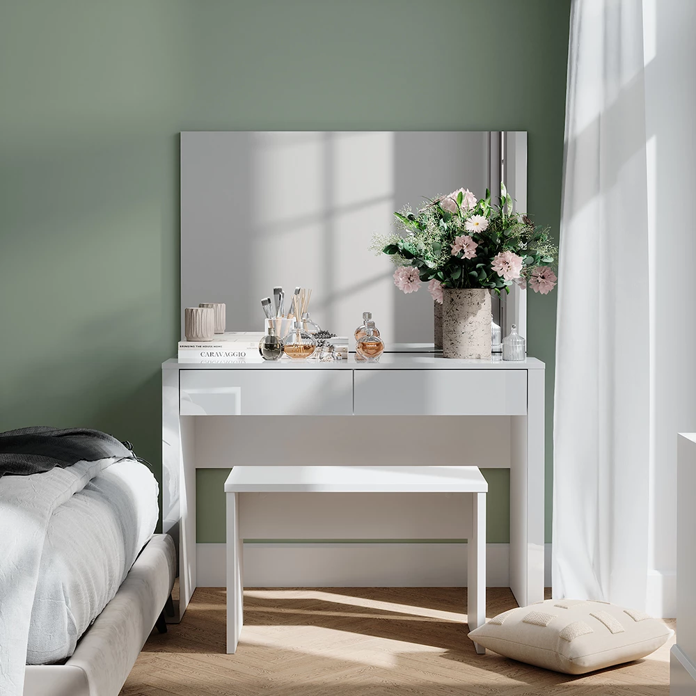 Vicco Schminktisch "Annabelle", Weiß Hochglanz/Weiß, 110 cm mit Spiegel und Bank