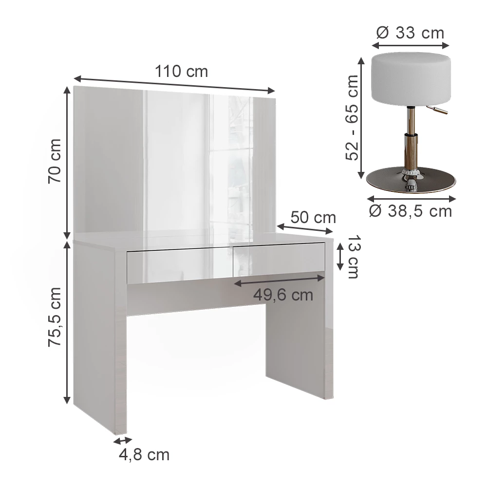 Vicco Schminktisch "Annabelle", Weiß Hochglanz/Weiß, 110 cm mit Spiegel und Hocker