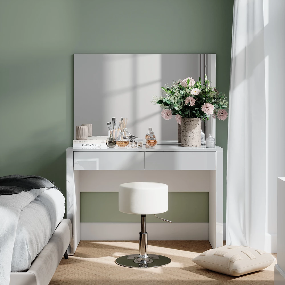 Vicco Schminktisch "Annabelle", Weiß Hochglanz/Weiß, 110 cm mit Spiegel und Hocker