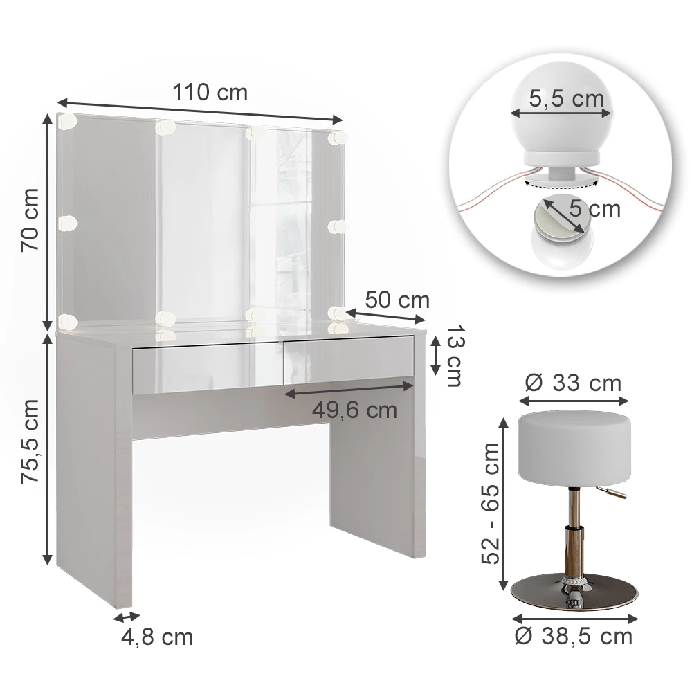 Vicco Schminktisch "Annabelle", Weiß Hochglanz/Weiß, 110 cm mit LED-Beleuchtung und Hocker