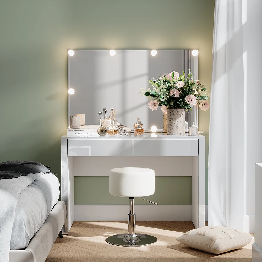 Vicco Schminktisch "Annabelle", Weiß Hochglanz/Weiß, 110 cm mit LED-Beleuchtung und Hocker
