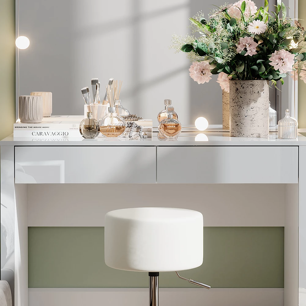 Vicco Schminktisch "Annabelle", Weiß Hochglanz/Weiß, 110 cm mit LED-Beleuchtung und Hocker